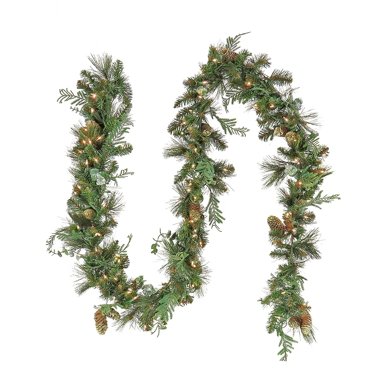 First Traditions™ Collection 9ft. Pre-Lit Artificial North Conway Garland with Glittery Cones & Eucalyptus, 100 Clear Lights
