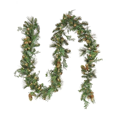 First Traditions™ Collection 9ft. Pre-Lit Artificial North Conway Garland with Glittery Cones & Eucalyptus, 100 Clear Lights