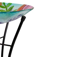 21'' White and Blue Hand Painted Floral Glass Birdbath