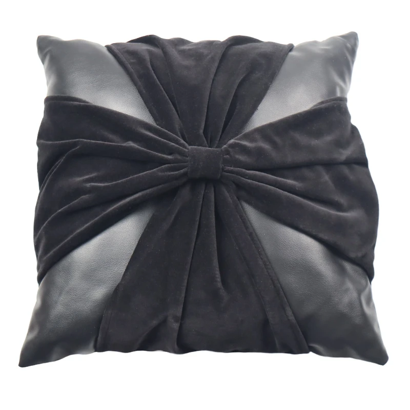 16" Black Faux Leather & Velvet Bow Throw Pillow by Ashland®