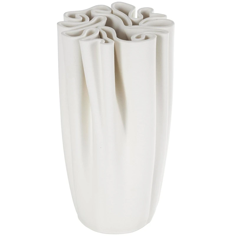 White Ceramic Abstract Ribbed Dimensional Folded Vase with Compact Wavy Rim