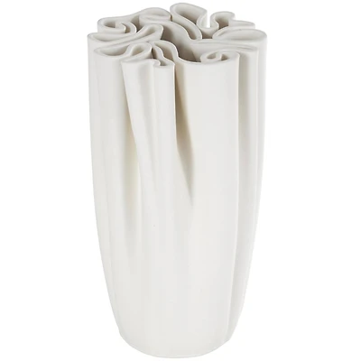 White Ceramic Abstract Ribbed Dimensional Folded Vase with Compact Wavy Rim