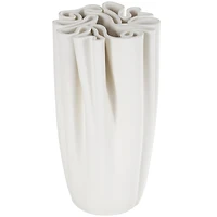 White Ceramic Abstract Ribbed Dimensional Folded Vase with Compact Wavy Rim