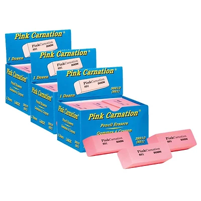 Dixon® Pink Carnation® Large Wedge Erasers, 3 Packs of 12