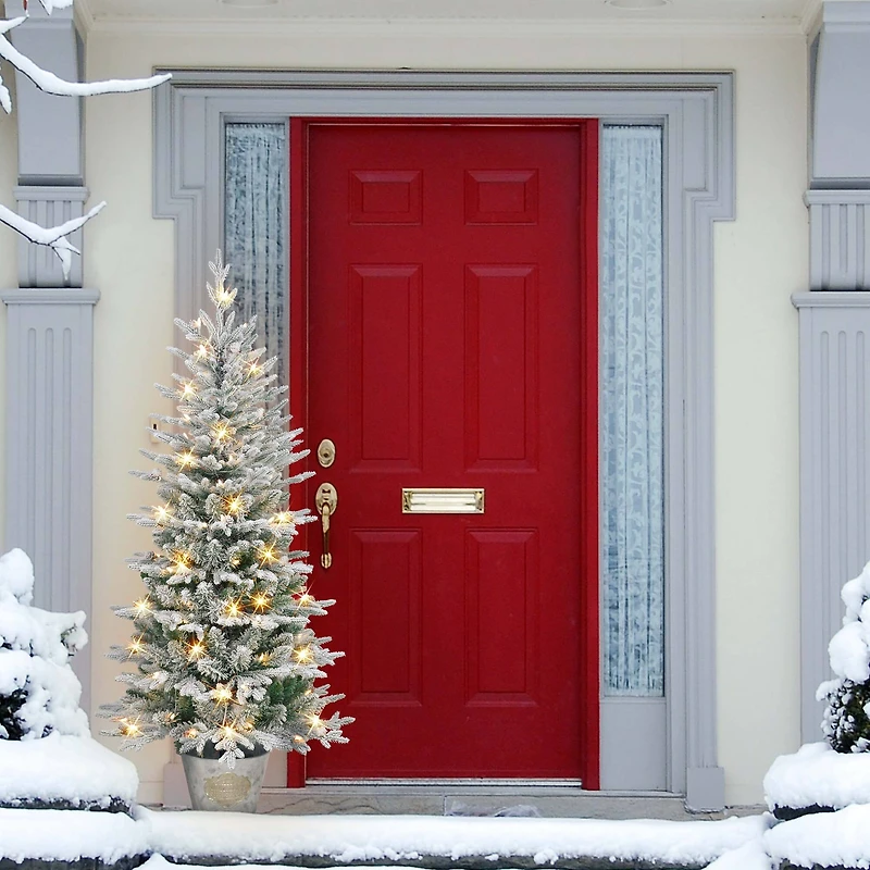 6ft. Pre-Lit Flocked Artificial Christmas Tree in Metal Planter, Clear Lights