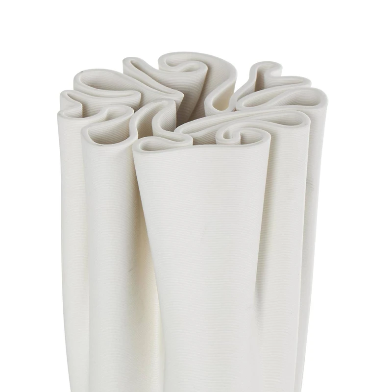 White Ceramic Abstract Ribbed Dimensional Folded Vase with Compact Wavy Rim