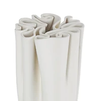 White Ceramic Abstract Ribbed Dimensional Folded Vase with Compact Wavy Rim