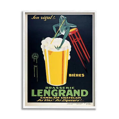 Stupell Industries Vintage Brasserie Lengrand European Advertisement Frog Beer in White Frame Wall Art
