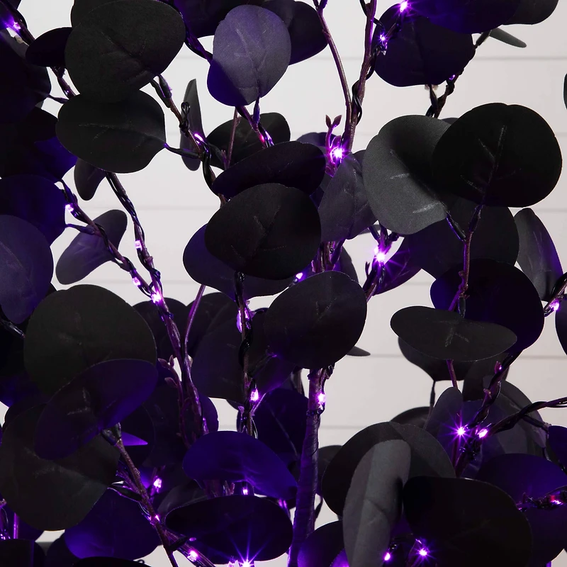 6ft. Pre-Lit Artificial Halloween Black Eucalyptus Tree with 300 Orange & Purple LED Lights