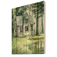 Designart - Haunted House In The Pine Forest - Lake House Print on Natural Pine Wood