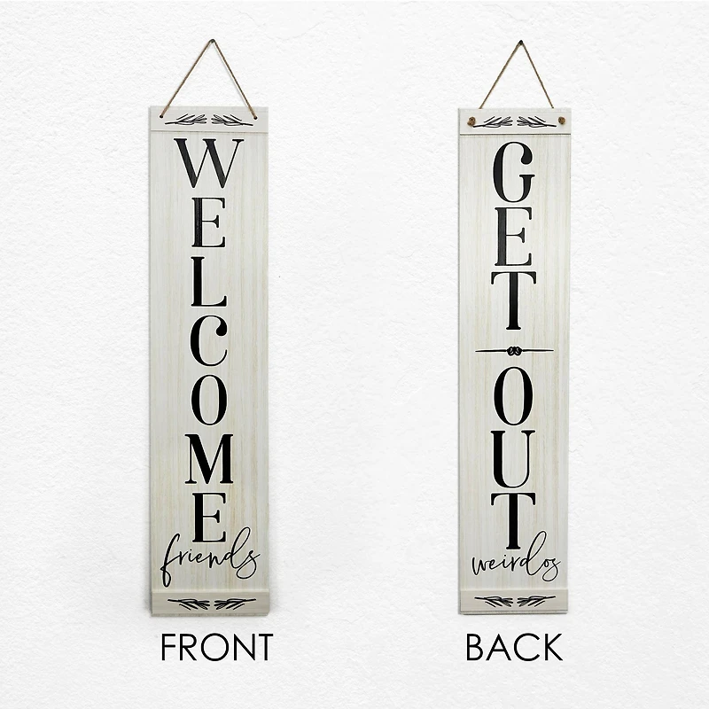 American Art Décor™ 47.25" Welcome Friends Get Out Weirdos Double-Sided Hanging & Leaning Wall Sign