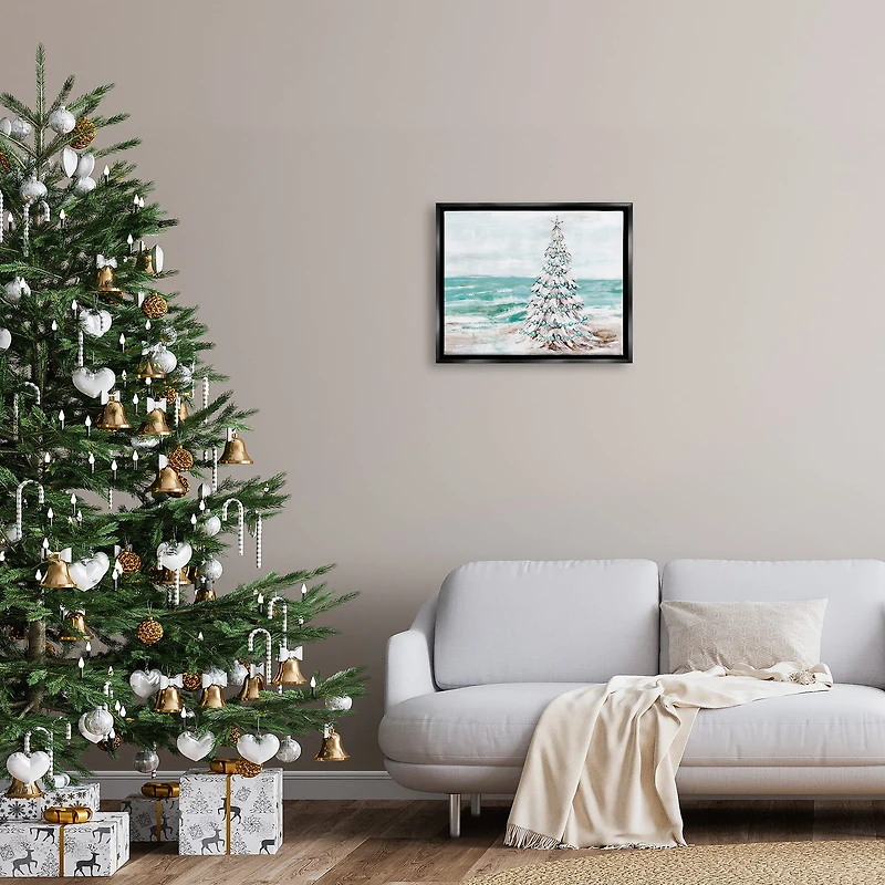 Stupell Industries Snowy Christmas Tree Beach Shore Framed Floater Canvas Wall Art
