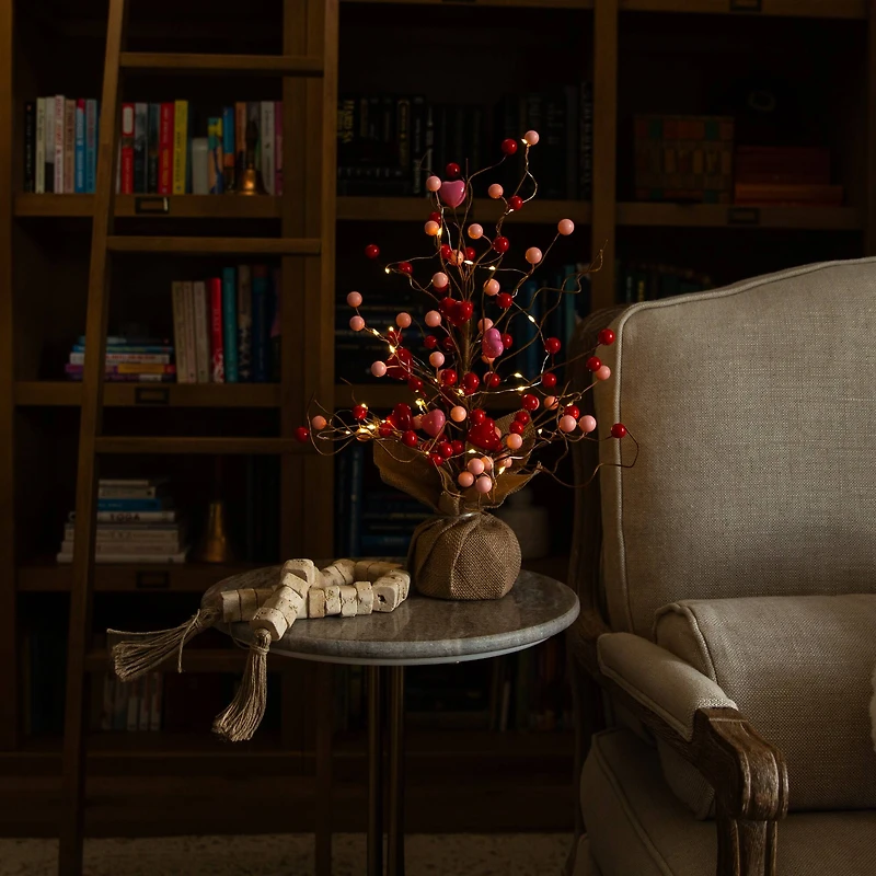 18in. Pre-Lit Artificial Valentine's Day Heart & Berry Twig Tree with 30 LED String Lights in Burlap Wrapped Base