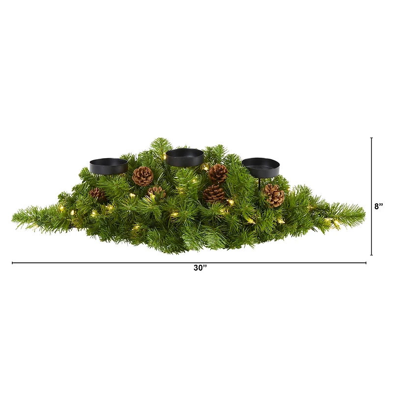 30" Pre-Lit Pine & Pinecone Triple Candelabrum