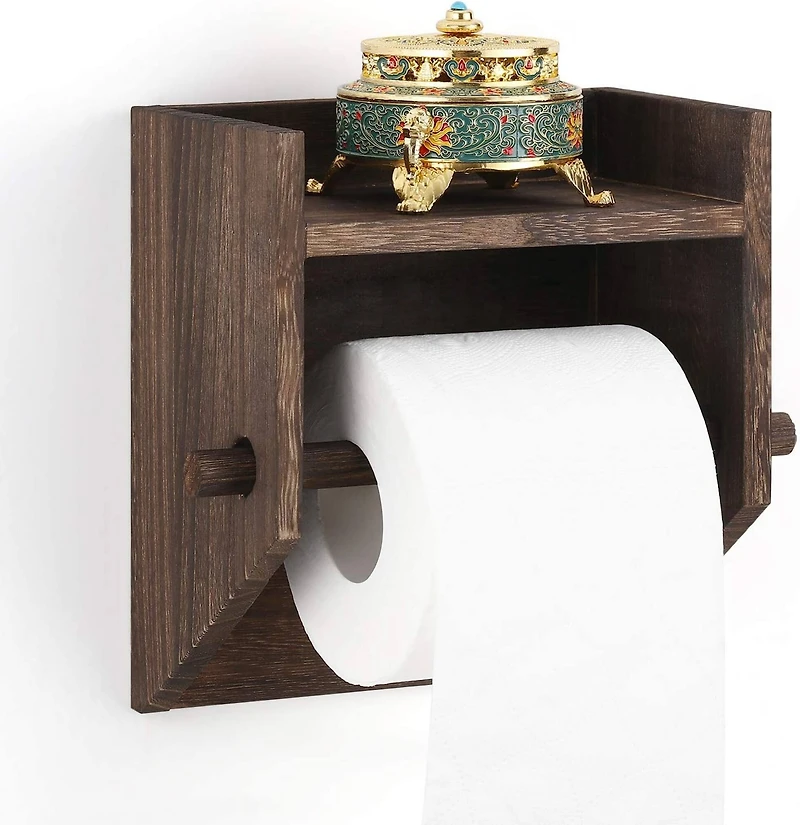 Rustic Brown Wood Toilet Paper Holder Wall Mount with Shelf