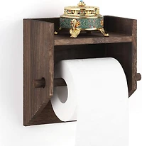 Rustic Brown Wood Toilet Paper Holder Wall Mount with Shelf