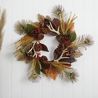 27" Magnolia Leaf, Berry, Antler & Peacock Feather Wreath