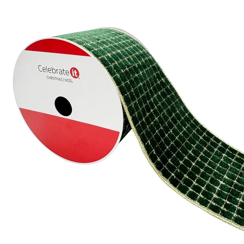 3.5" x 20ft. Green & Gold Grid Wired Ribbon by Celebrate It®