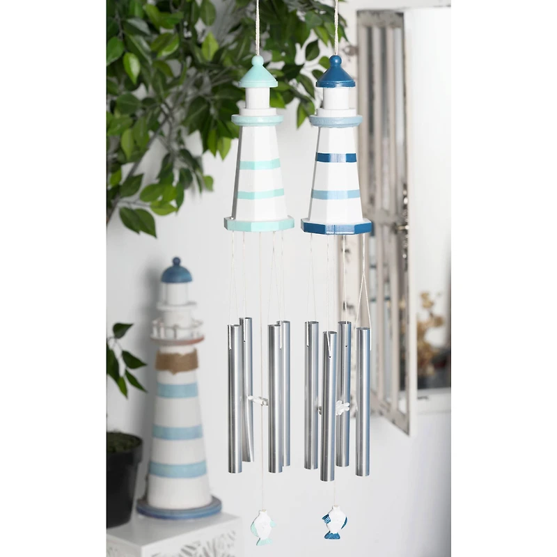 Set of 2 White Aluminum Coastal Wind Chimes, 4" x 30" Each
