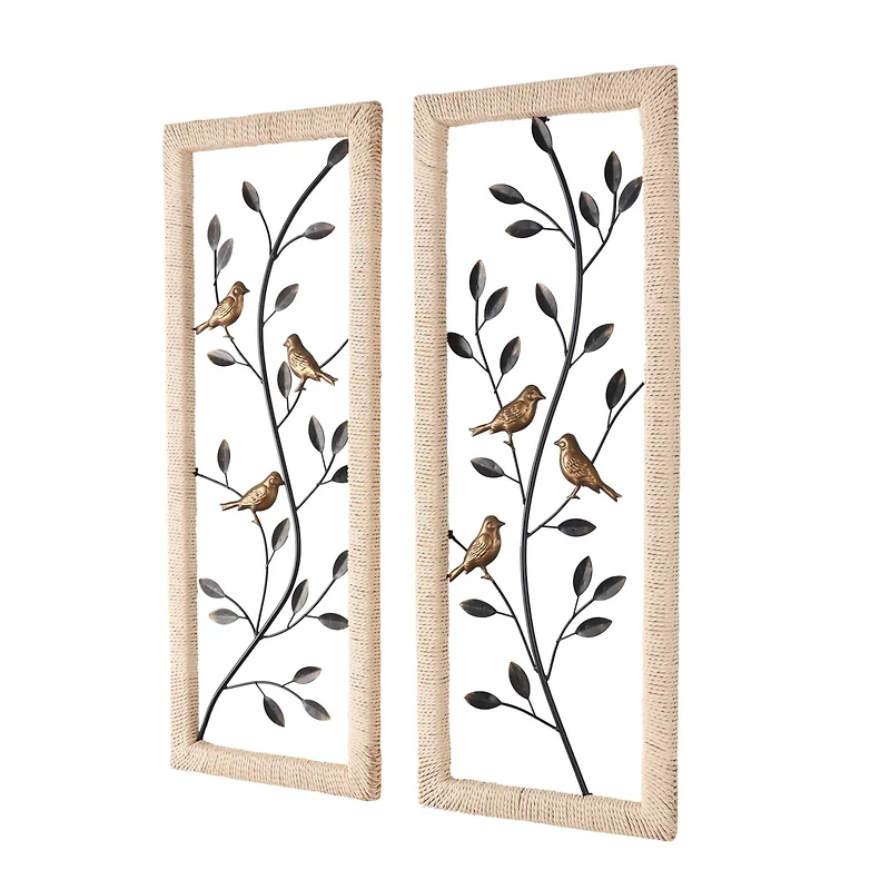 Black Metal Leaf Wall Décor with Cream Rattan Frame and Bronze Bird Accents, Set of 2
