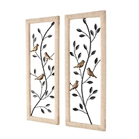 Black Metal Leaf Wall Décor with Cream Rattan Frame and Bronze Bird Accents, Set of 2