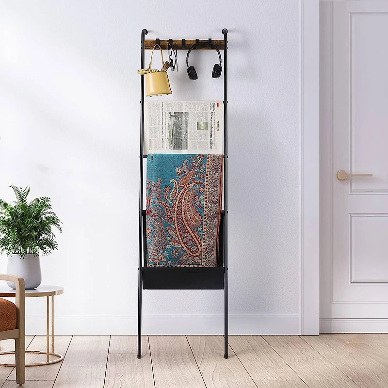 NEX™ 64.5" Farmhouse Decorative Ladder with 5 Hooks & Pocket