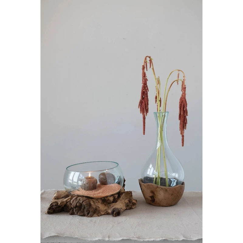 Hello Honey® 16" Recycled Glass Vase with Teakwood Base