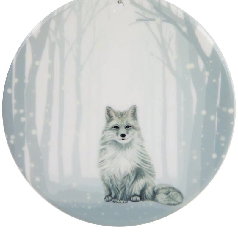 White & Silver Porcelain Arctic Fox Disc Ornament