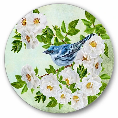 Designart - Little Blue Bird Sitting On A Branch of White Rose