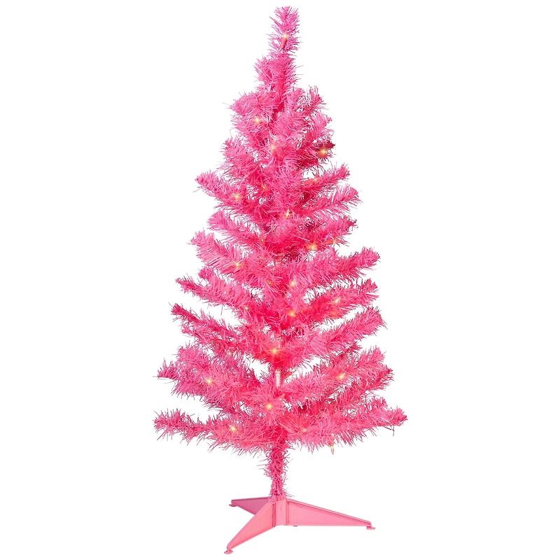3ft. Pre-Lit Pink Tinsel Artificial Christmas Tree, Clear Lights