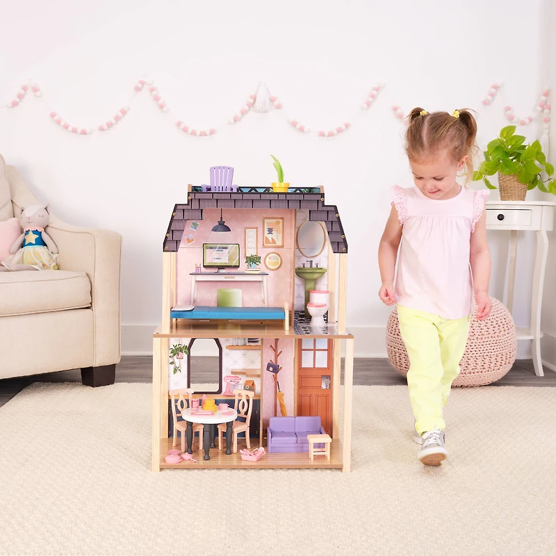 KidKraft Bella View Wooden Dollhouse with Rooftop Deck & 31 Accessories