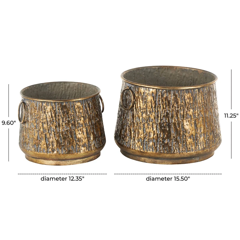 Brass Metal Textured Planter with Ring Handles Set
