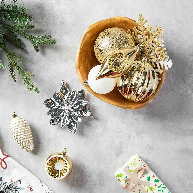 Glitzhome® Elegant Silver & Gold Shatterproof Ornaments, Pinecone Picks & Ribbon Bow Set