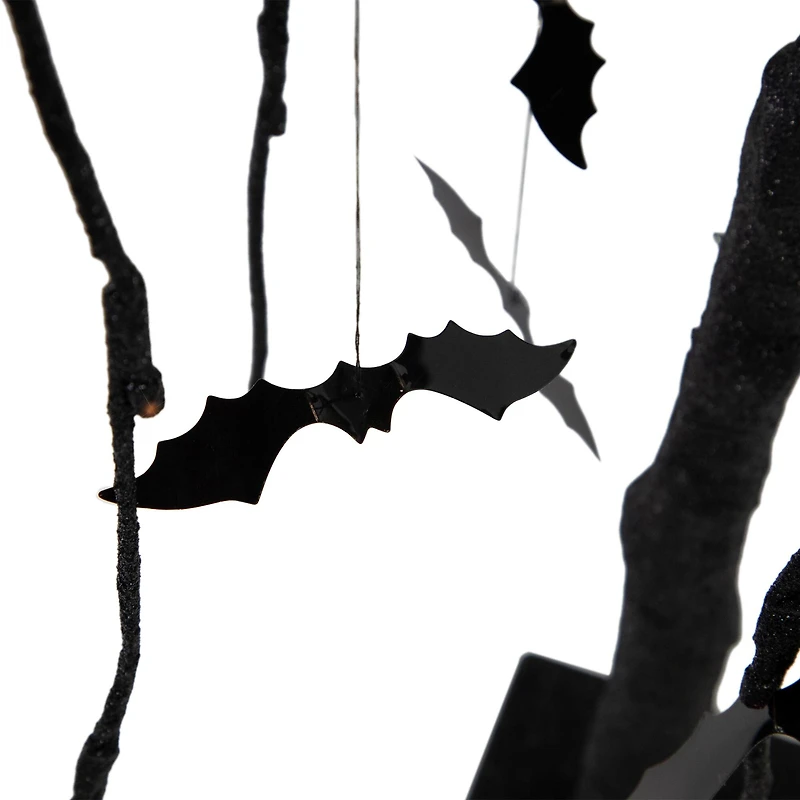 24" LED Lighted Black Glittered Halloween Willow Tree with Bats