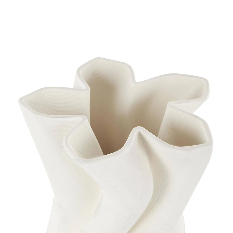 White Ceramic Abstract Ribbed Dimensional Wavy Vase with Floral Shaped Rim