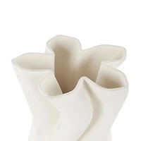 White Ceramic Abstract Ribbed Dimensional Wavy Vase with Floral Shaped Rim