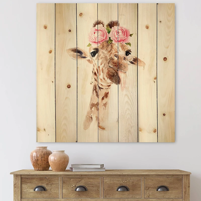 Designart - Portrait of A Giraffe With Flowers I