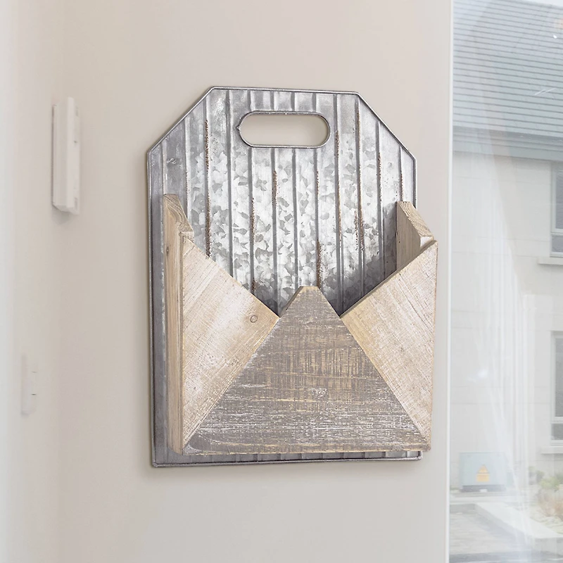 Galvanized Metal & Wood Envelope Wall Organizer