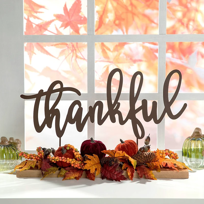 24" GlitzHome® Thankful Floral Tabletop Sign