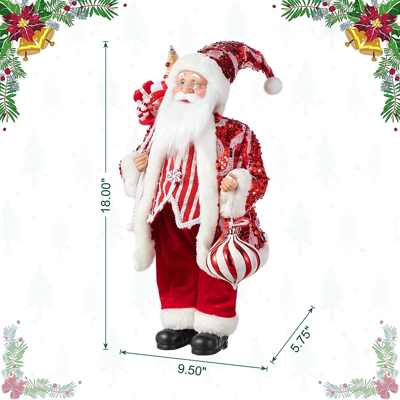 Glitzhome® 18"H Faux Fur Christmas Peppermint Santa Figurine