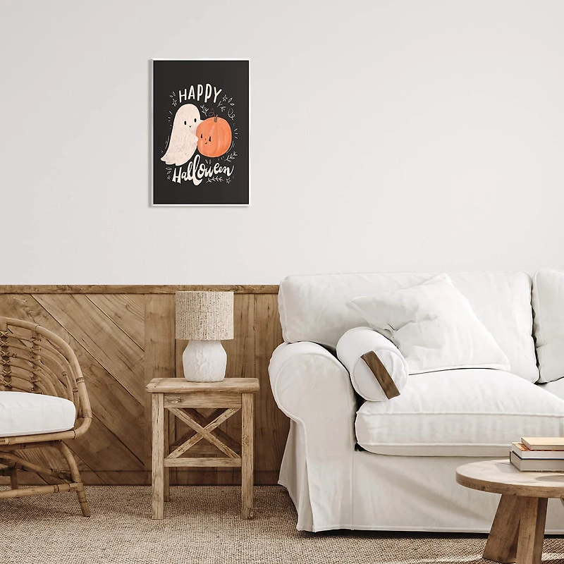 Stupell Industries Happy Halloween Smiling Ghost Pumpkin Wall Plaque Art