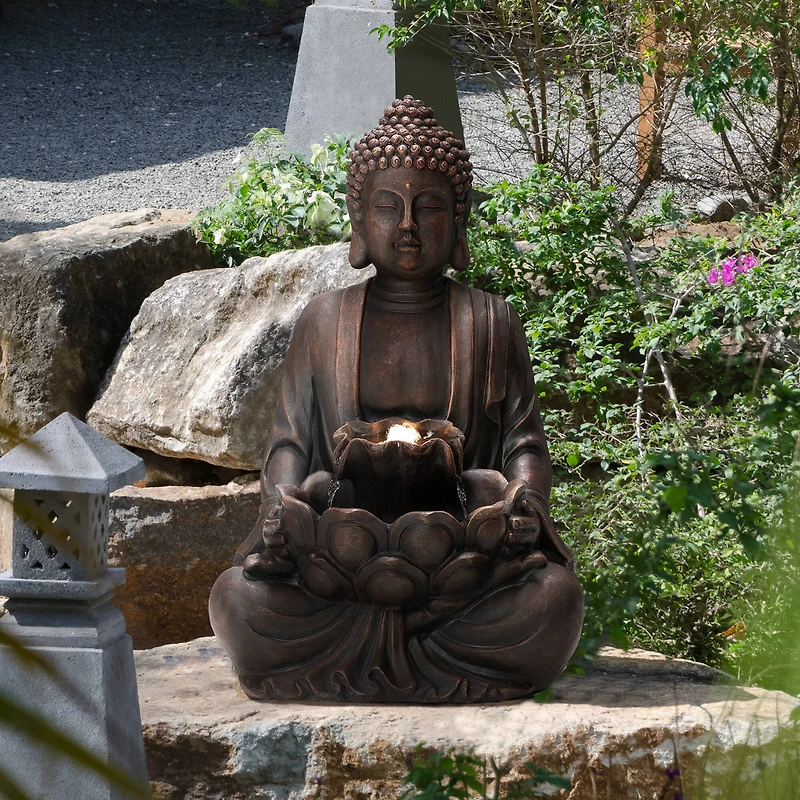 Glitzhome® 23.25" Zen-Style Meditating Buddha Statue Outdoor Fountain with LED Light