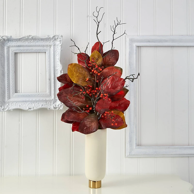 3ft. Autumn Magnolia Leaf & Berries in White Planter