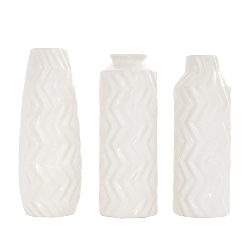 White Ceramic Dimensional Chevron Textured Vase with Varying Shapes Set