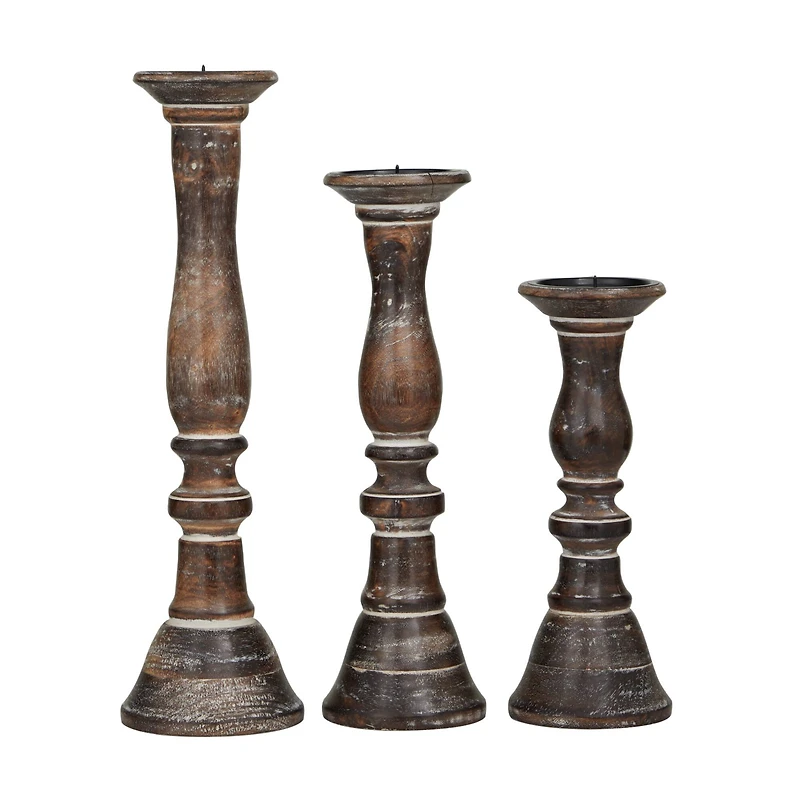 Dark Brown Wood Candle Holder Set