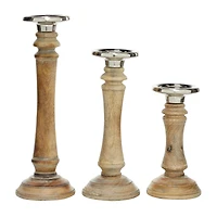 Brown Mango Wood Traditional Candle Holder Set
