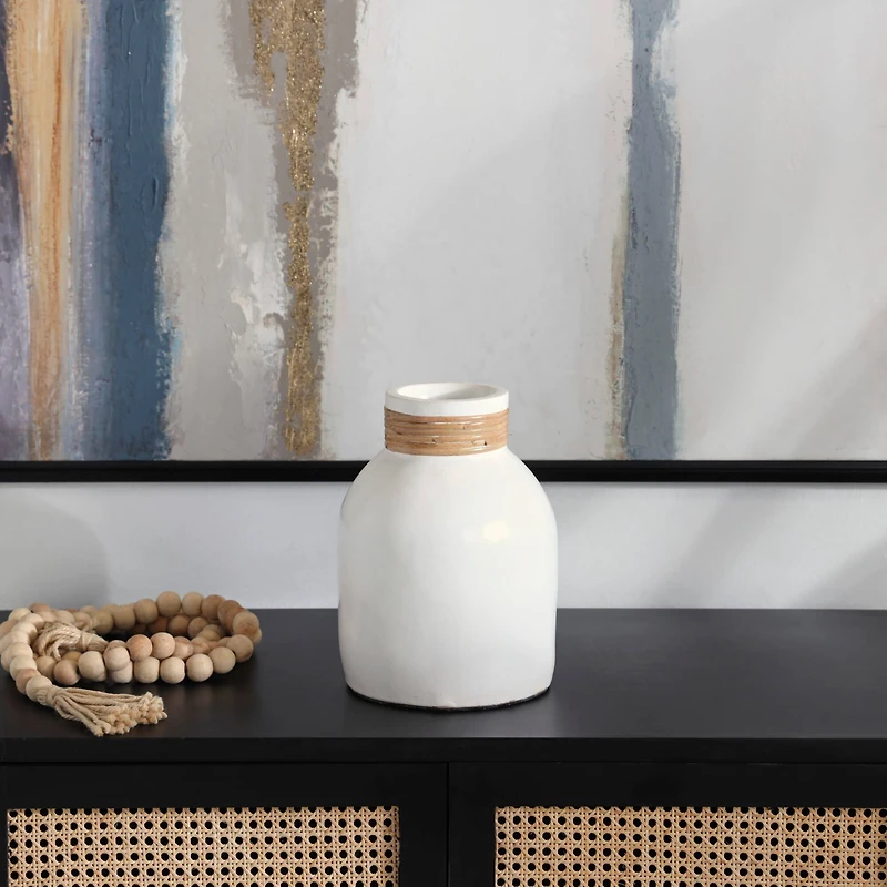 11" White Ceramic Vase with Wrapped Rattan Detailing