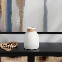 11" White Ceramic Vase with Wrapped Rattan Detailing