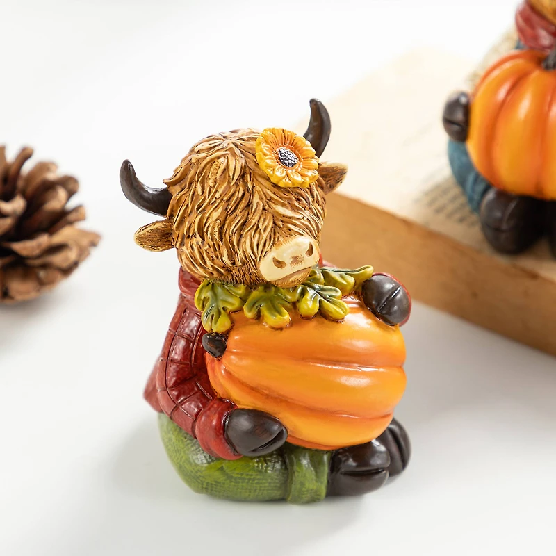 Glitzhome® 4.25" Fall Resin Highland Cow Table Decor Set
