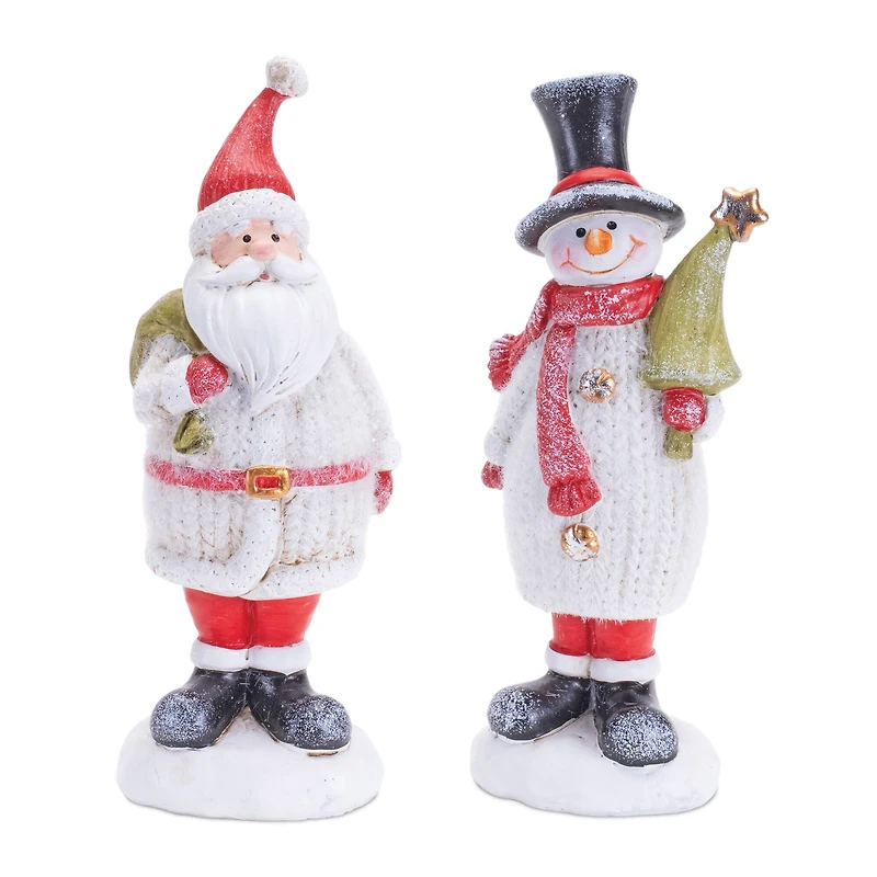 Glittered Sweater Santa & Snowman Figurines, Set of 2